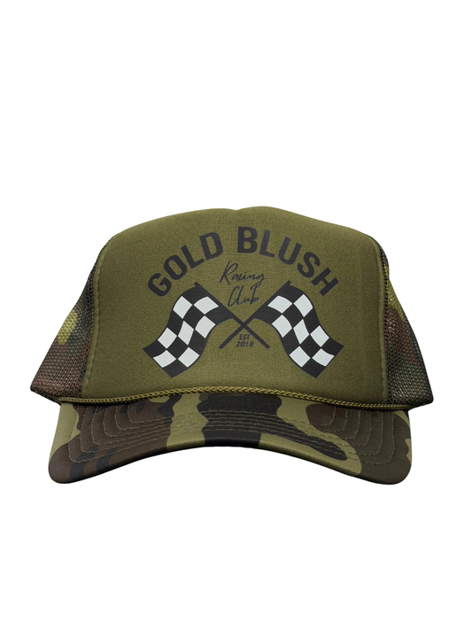 Gold Blush camo trucker hat with Racing Club checkered flag graphic