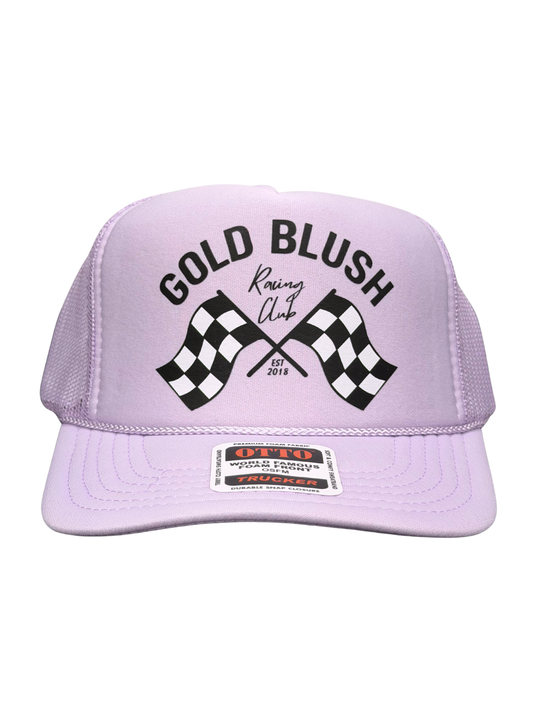 Gold Blush lavender graphic trucker hat with Racing Club checkered flags