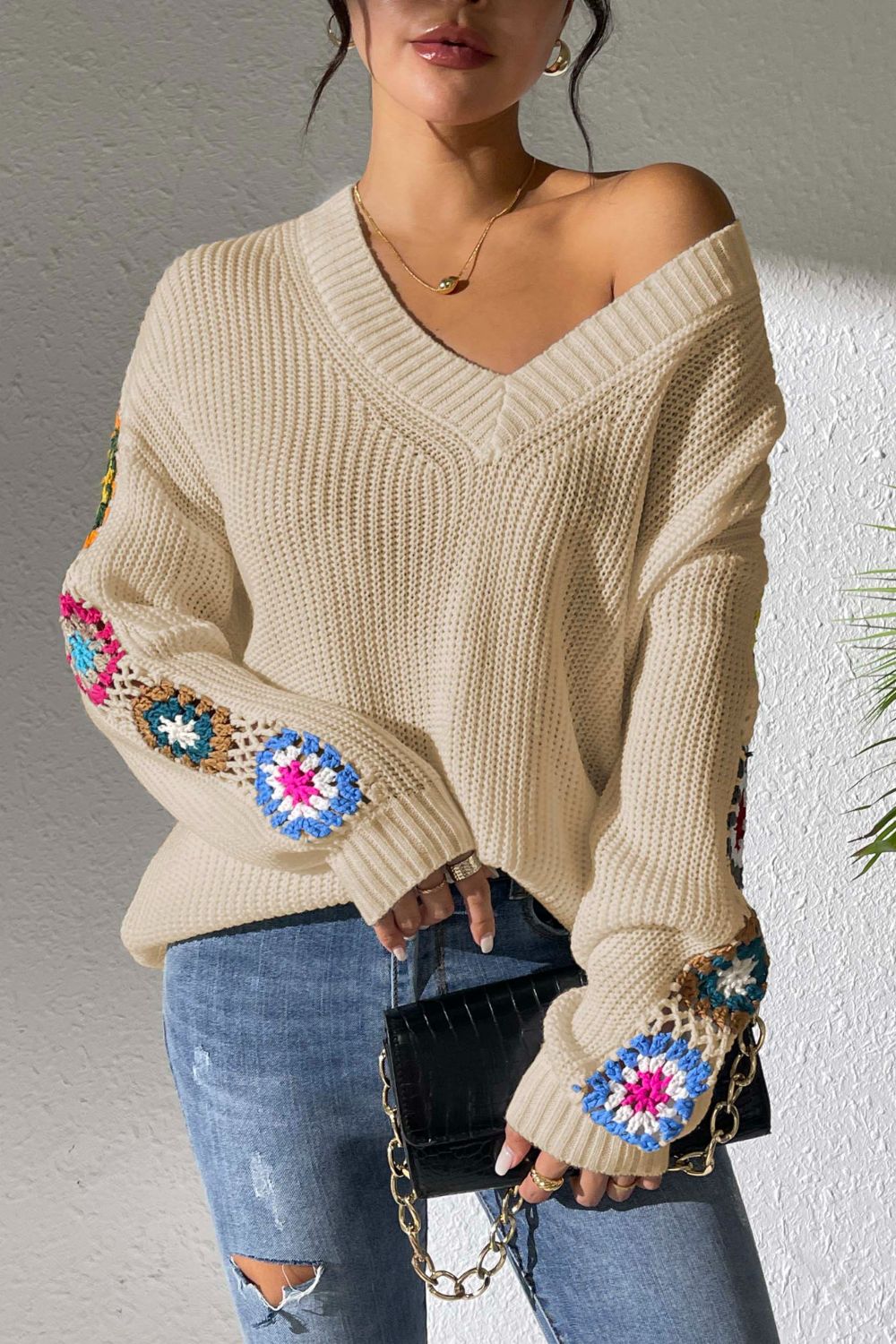 Crochet Flower V-Neck Sweater