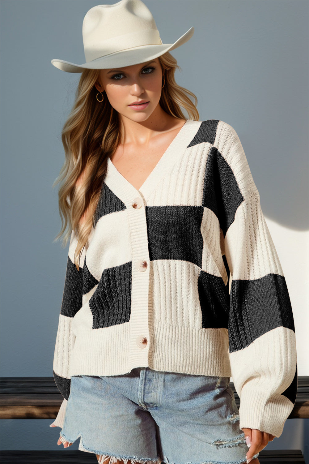 S-3x Checkered Dropped Shoulder Cardigan