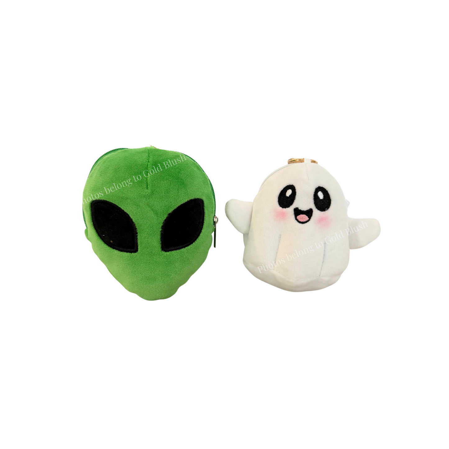 Gold Blush Plush Mini Coin Pouch – Clip-On Ghost & Alien Bag Charm