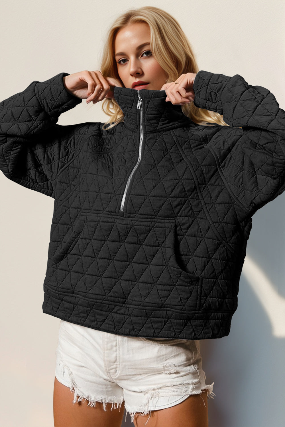 S-2x Half Zip Long Sleeve Quilted Sweatshirt with Pocket