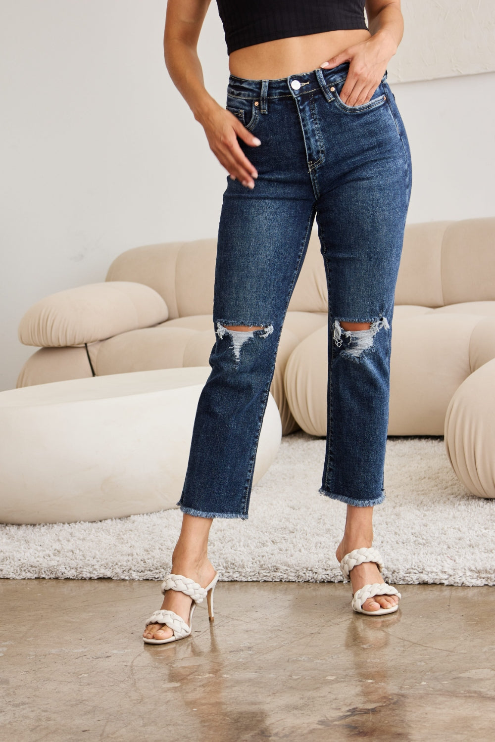 RFM Tummy Control Distressed High Waist Raw Hem Jeans