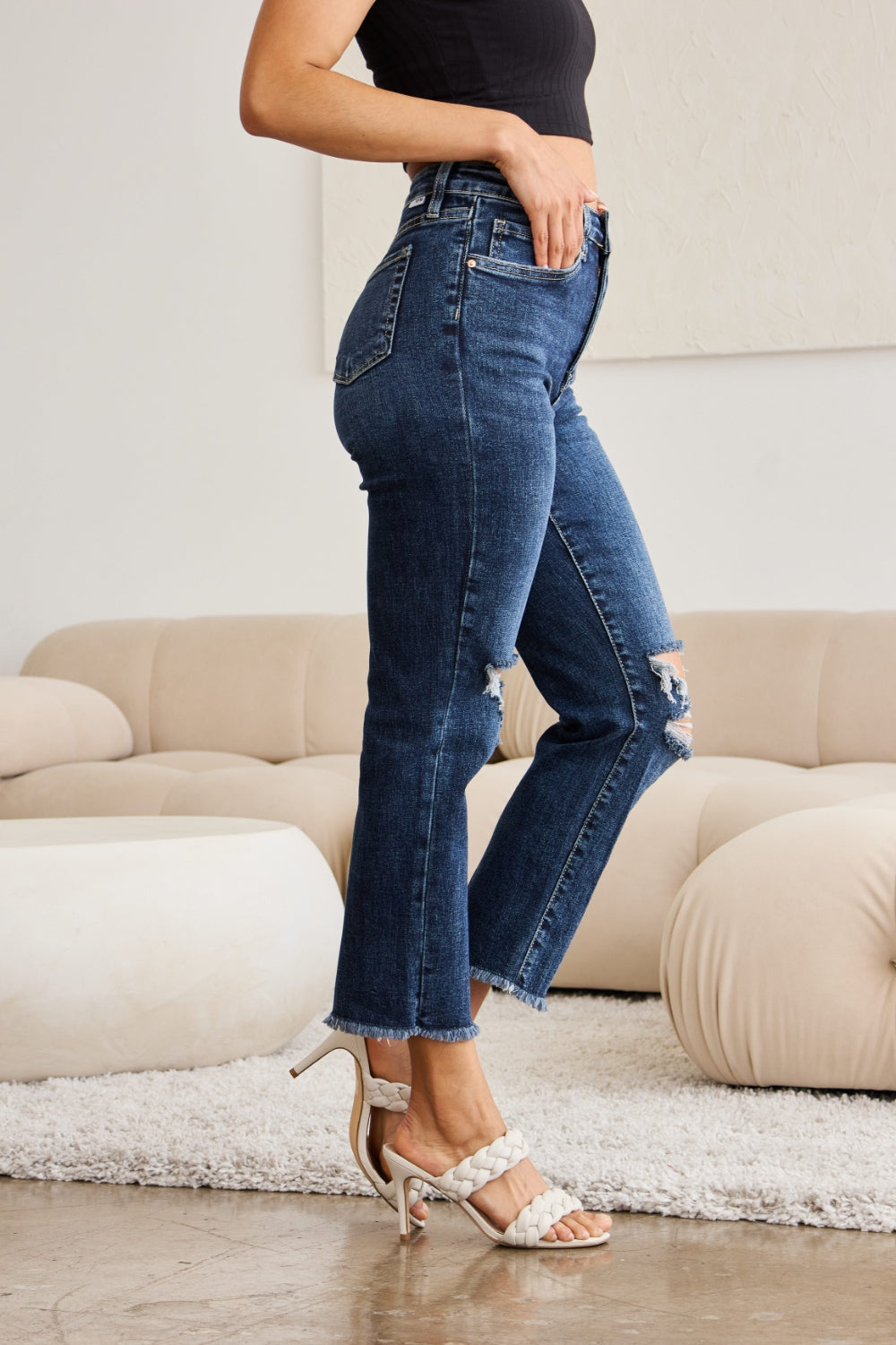 RFM Tummy Control Distressed High Waist Raw Hem Jeans