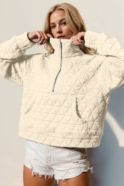 S-2x Half Zip Long Sleeve Quilted Sweatshirt with Pocket