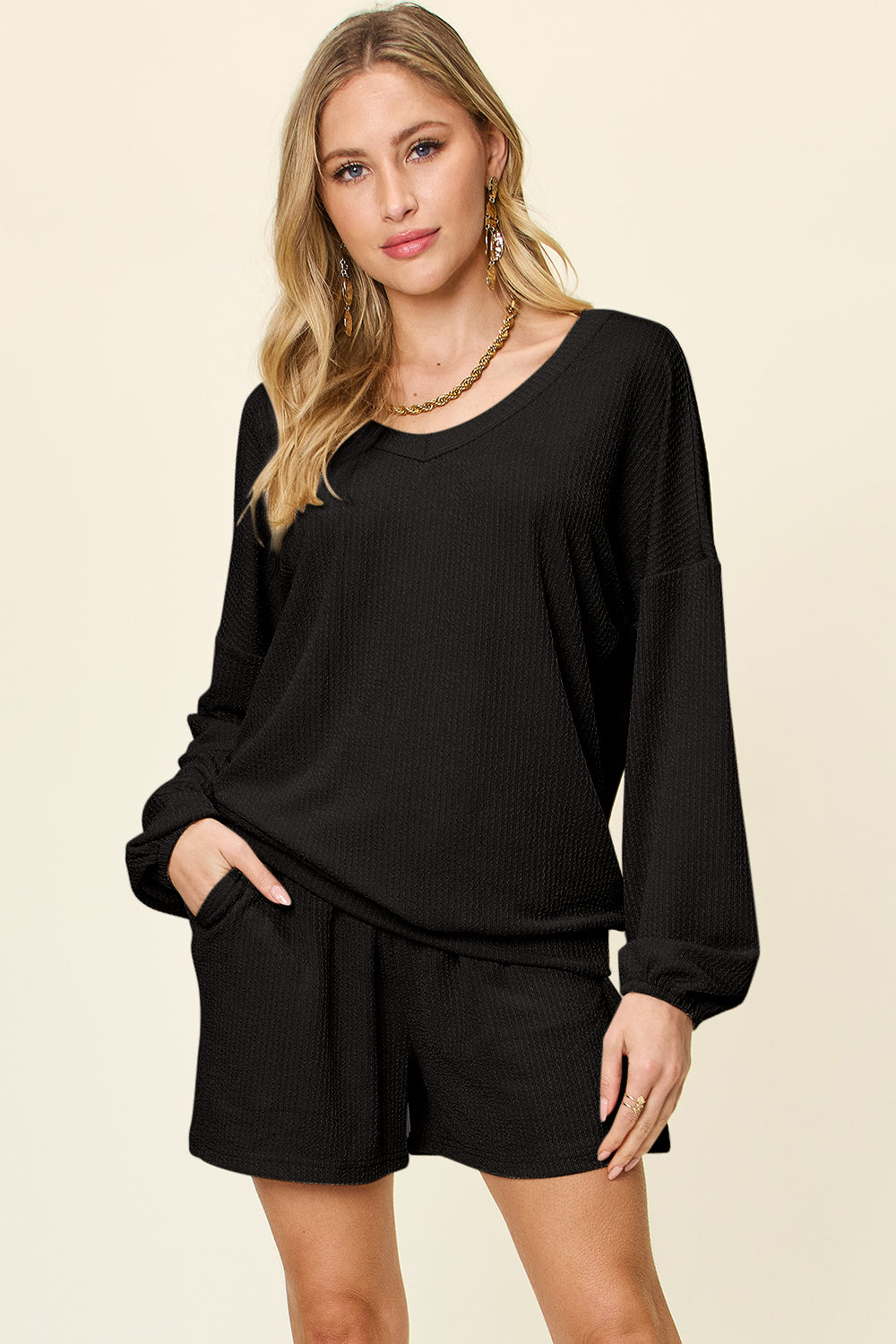 Double Take Full Size Texture V-Neck Long Sleeve T-Shirt and Shorts Set