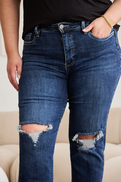 RFM Tummy Control Distressed High Waist Raw Hem Jeans