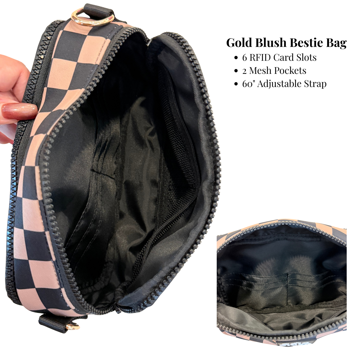 Gold Blush Bestie Bag – Soft Neoprene Crossbody with Key Leash & RFID Card Slots
