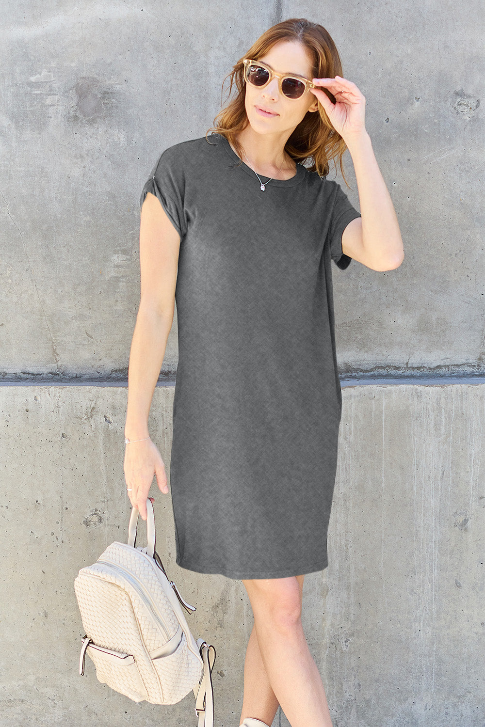 Elevated Basics S-3x Round Neck Short Sleeve Dress with Pockets