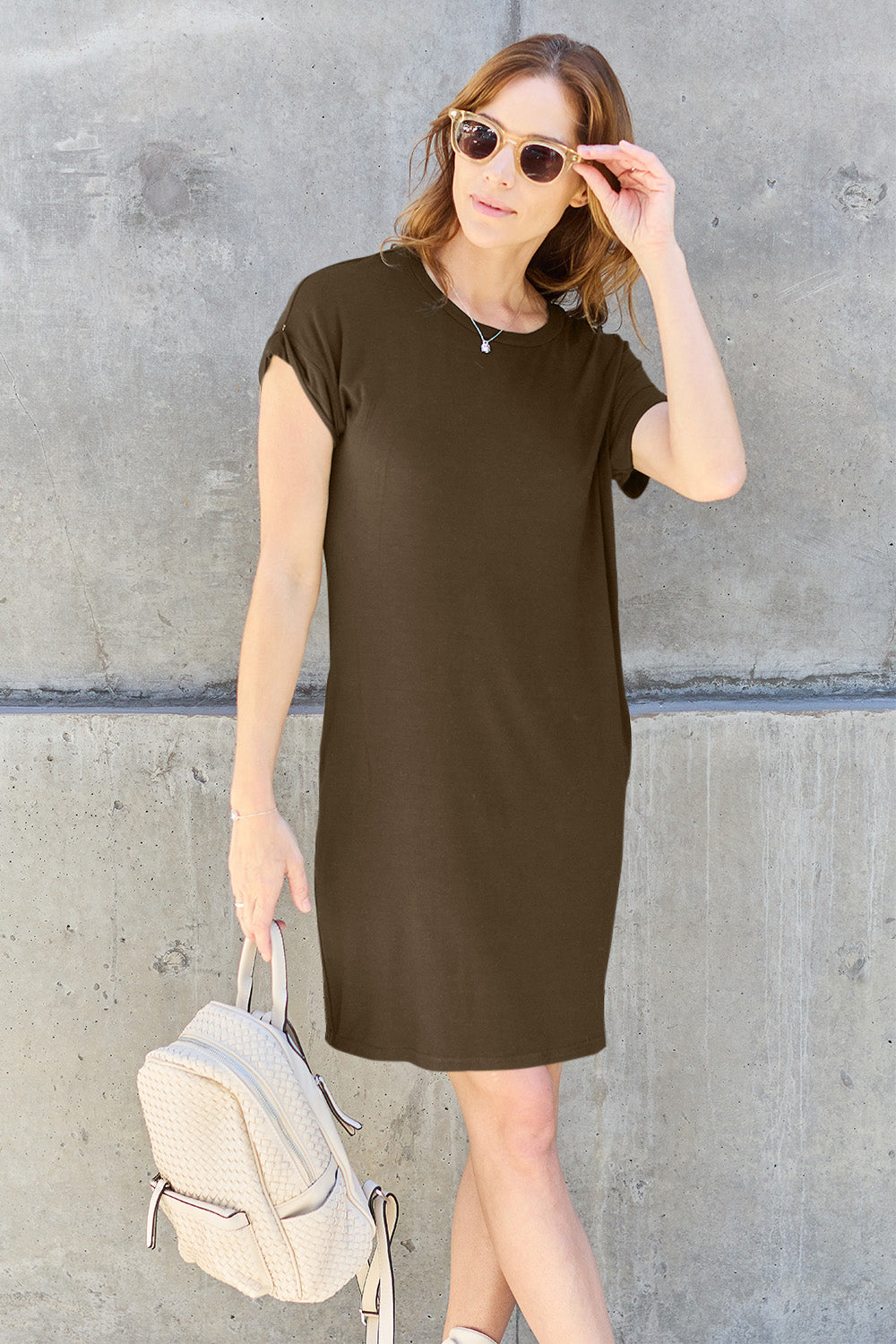 Elevated Basics S-3x Round Neck Short Sleeve Dress with Pockets