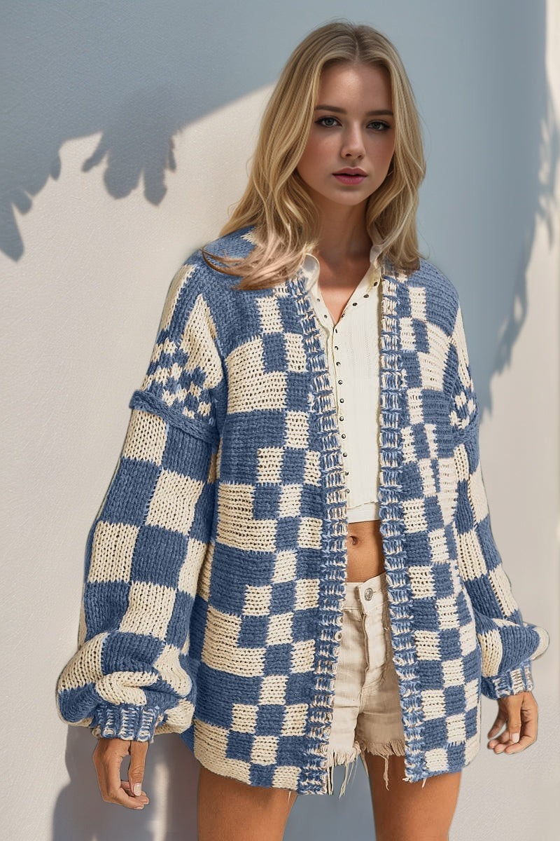 S-3x Open Front Checkered Drop Shoulder Cardigan