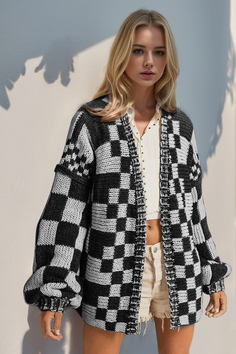 S-3x Open Front Checkered Drop Shoulder Cardigan