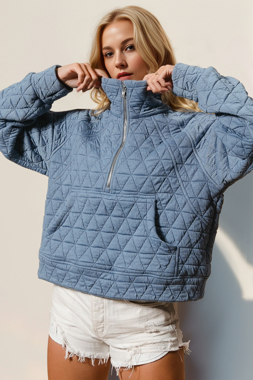 S-2x Half Zip Long Sleeve Quilted Sweatshirt with Pocket