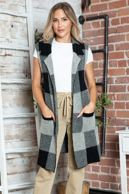 Plaid Lapel Collar Sleeveless Cardigan