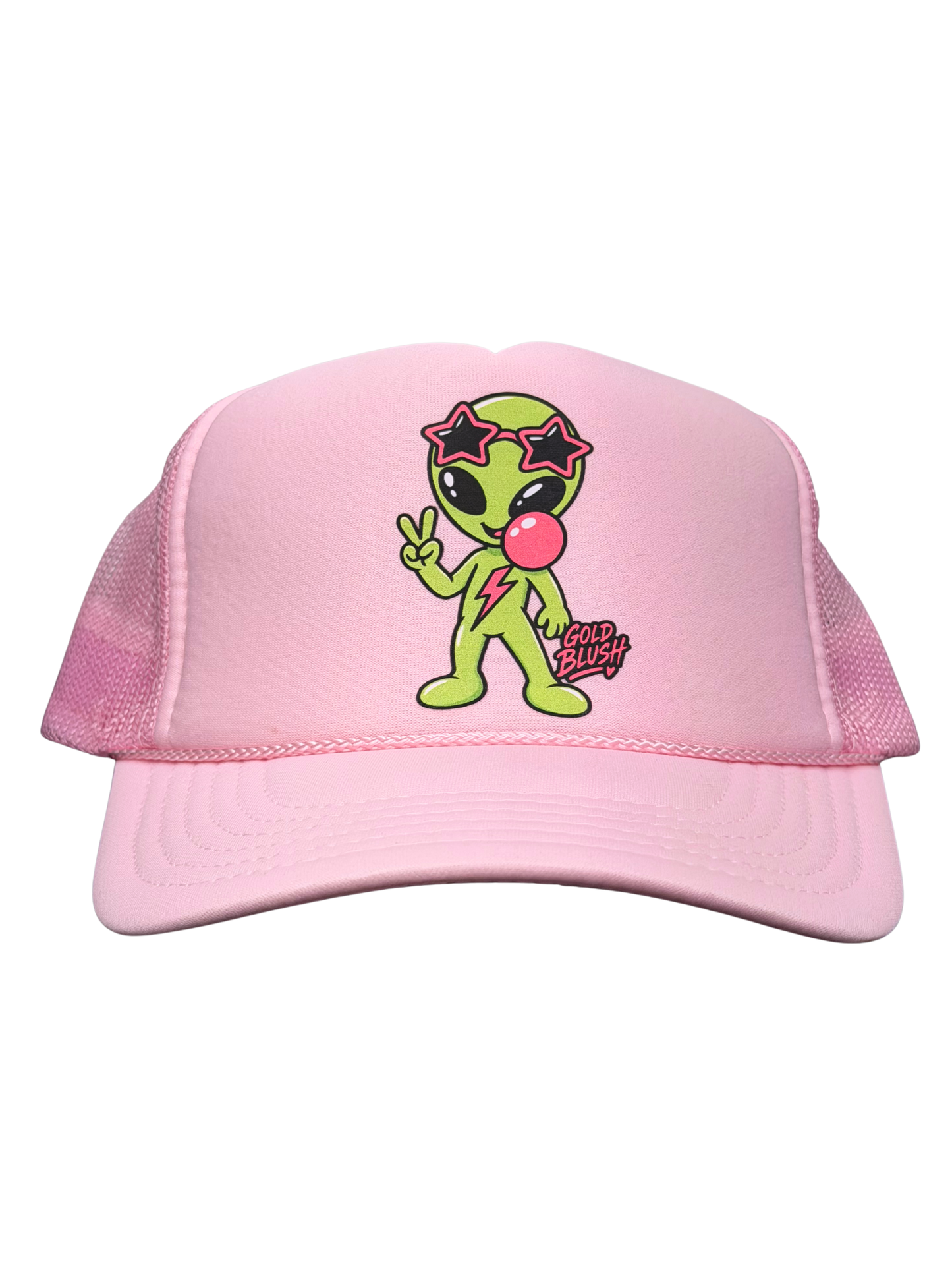 Gold Blush pink graphic trucker hat with retro alien bubblegum design
