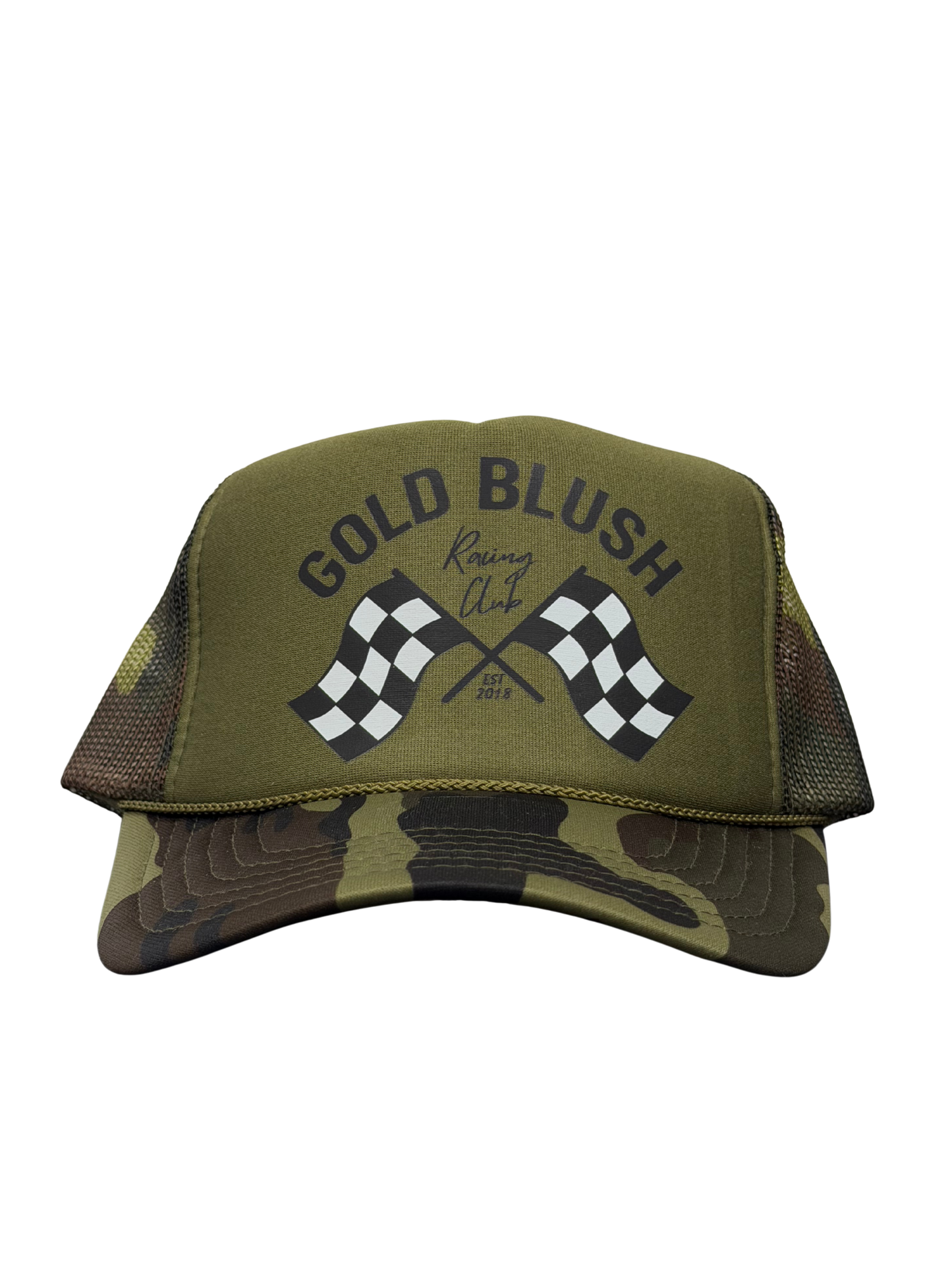 Gold Blush camo trucker hat with Racing Club checkered flag graphic