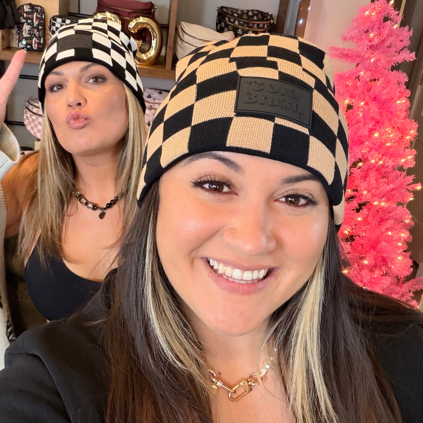 Gold Blush Checkered Beanie -Super Soft Custom Knit