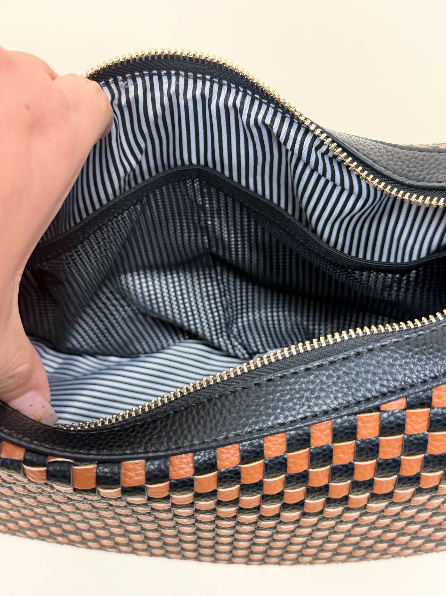 Gold Blush Woven Everyday Shoulder Bag – Vegan Leather Adjustable Strap Tote