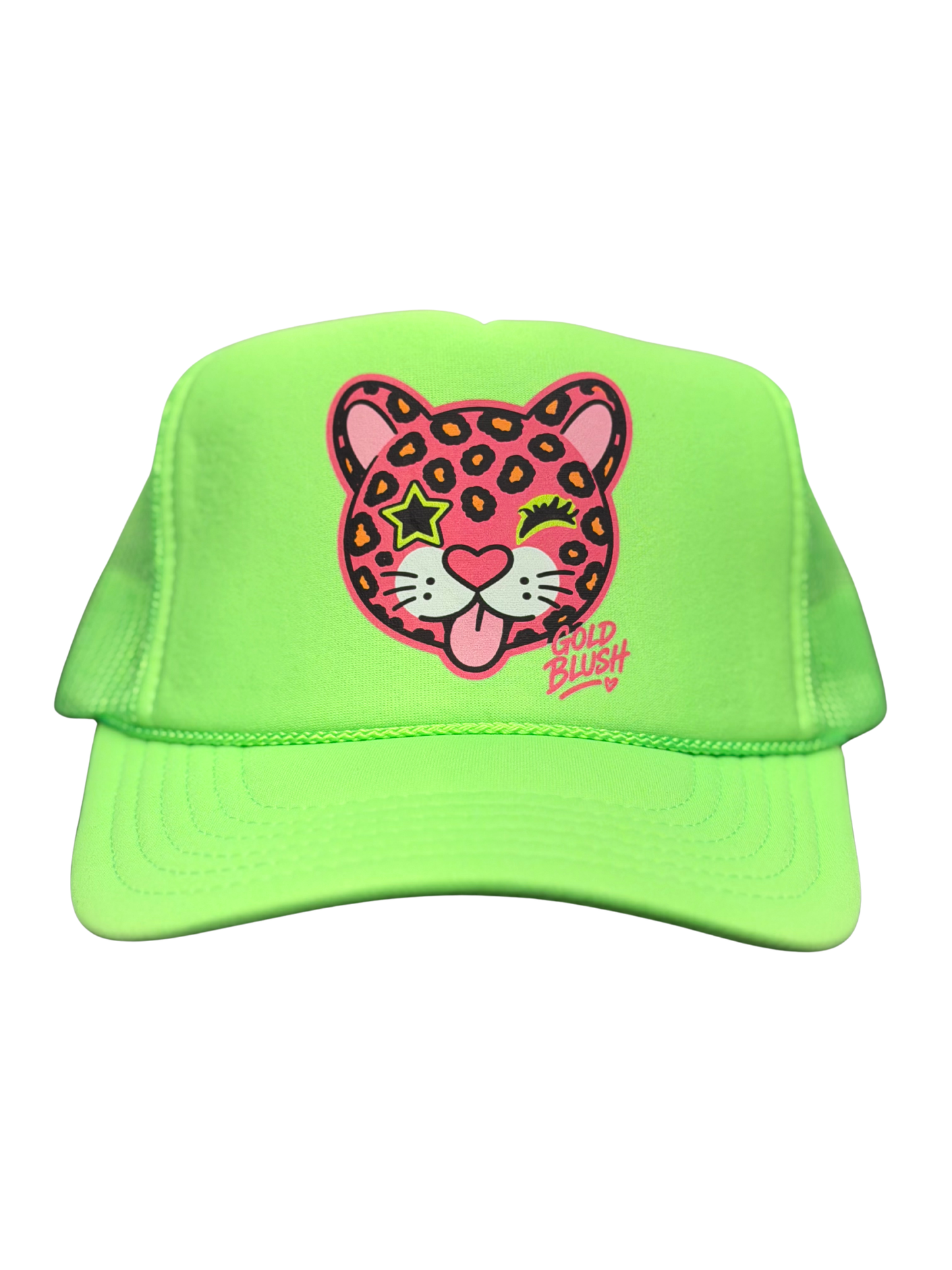 Gold Blush neon green trucker hat with pink leopard cat graphic