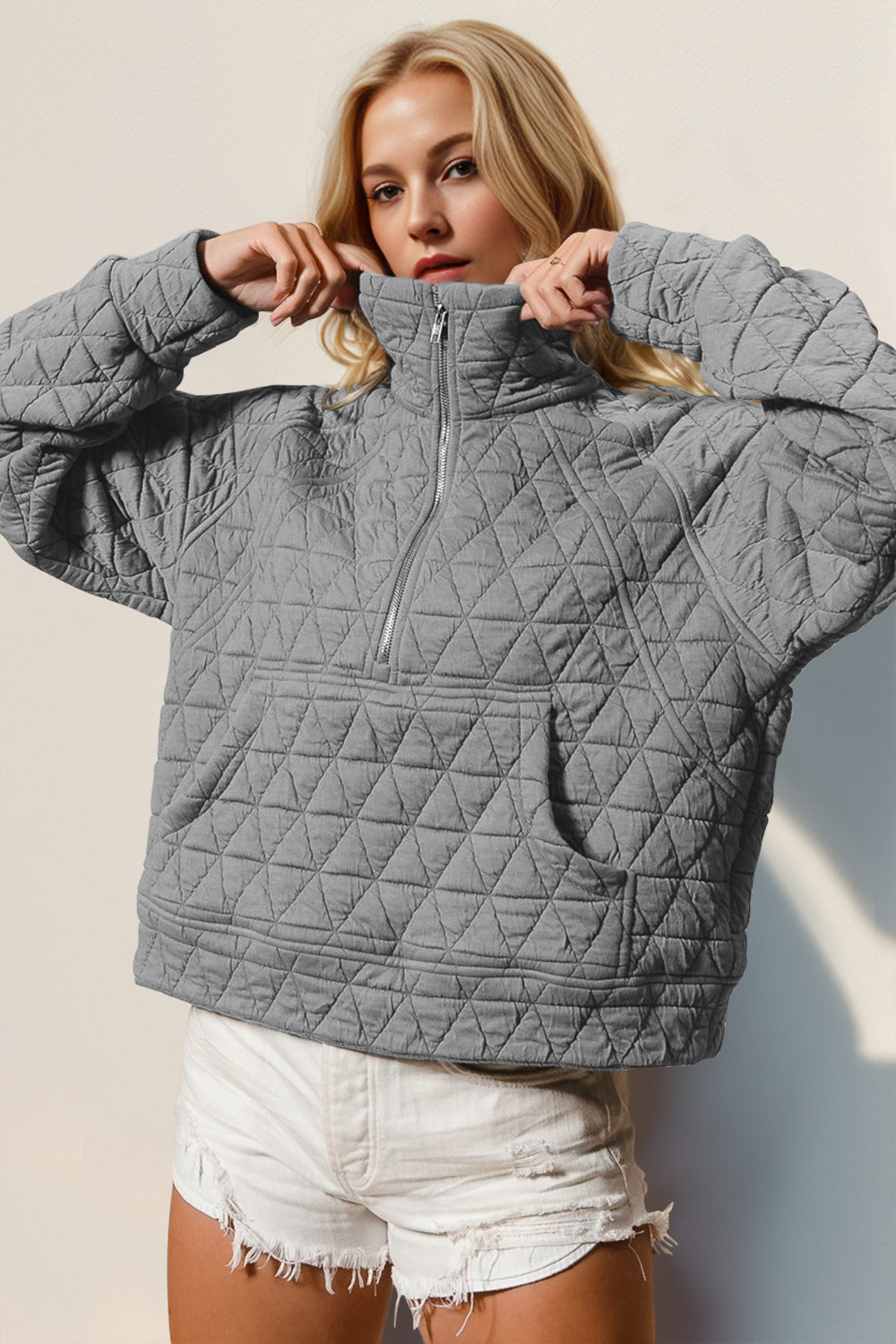 S-2x Half Zip Long Sleeve Quilted Sweatshirt with Pocket