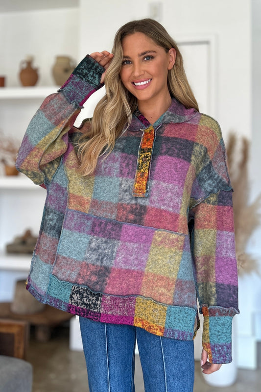 Double Take Full Size Plaid Dropped Shoulder Hoodie