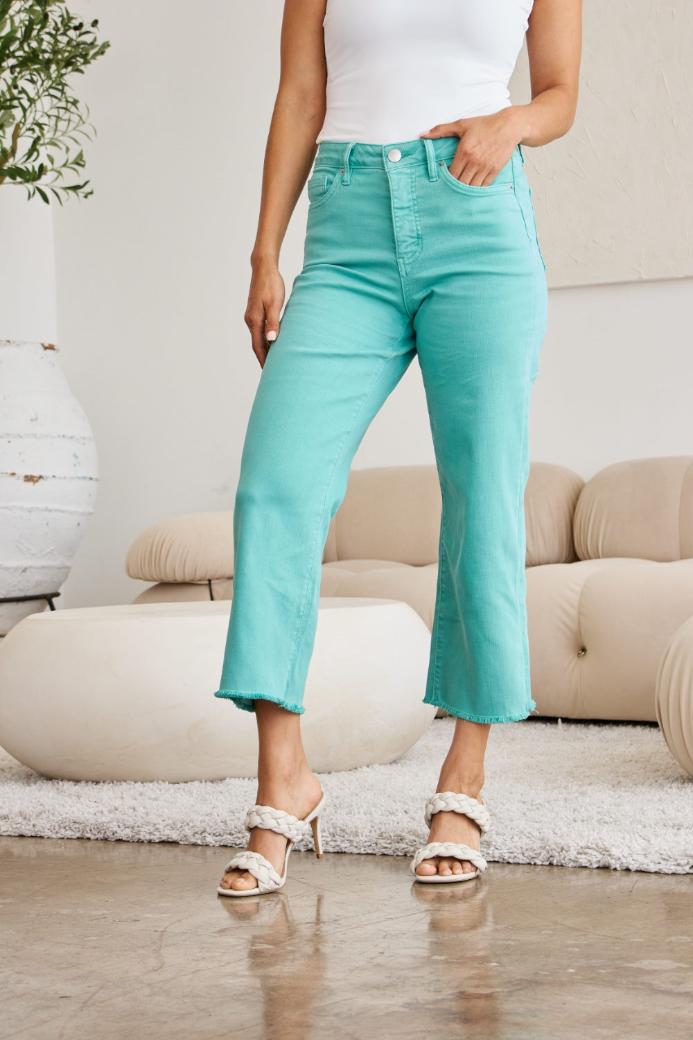 RFM Crop Chloe  Tummy Control High Waist Raw Hem Jeans