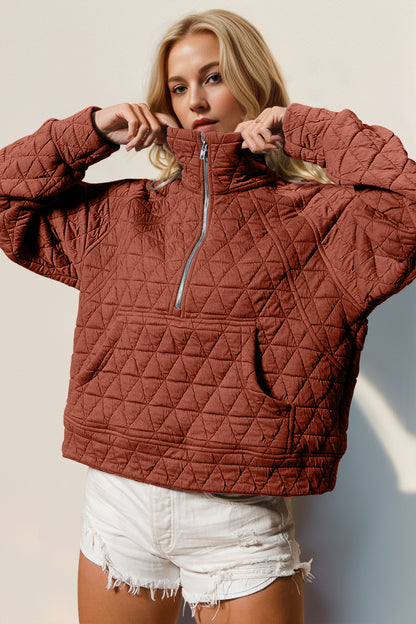 S-2x Half Zip Long Sleeve Quilted Sweatshirt with Pocket