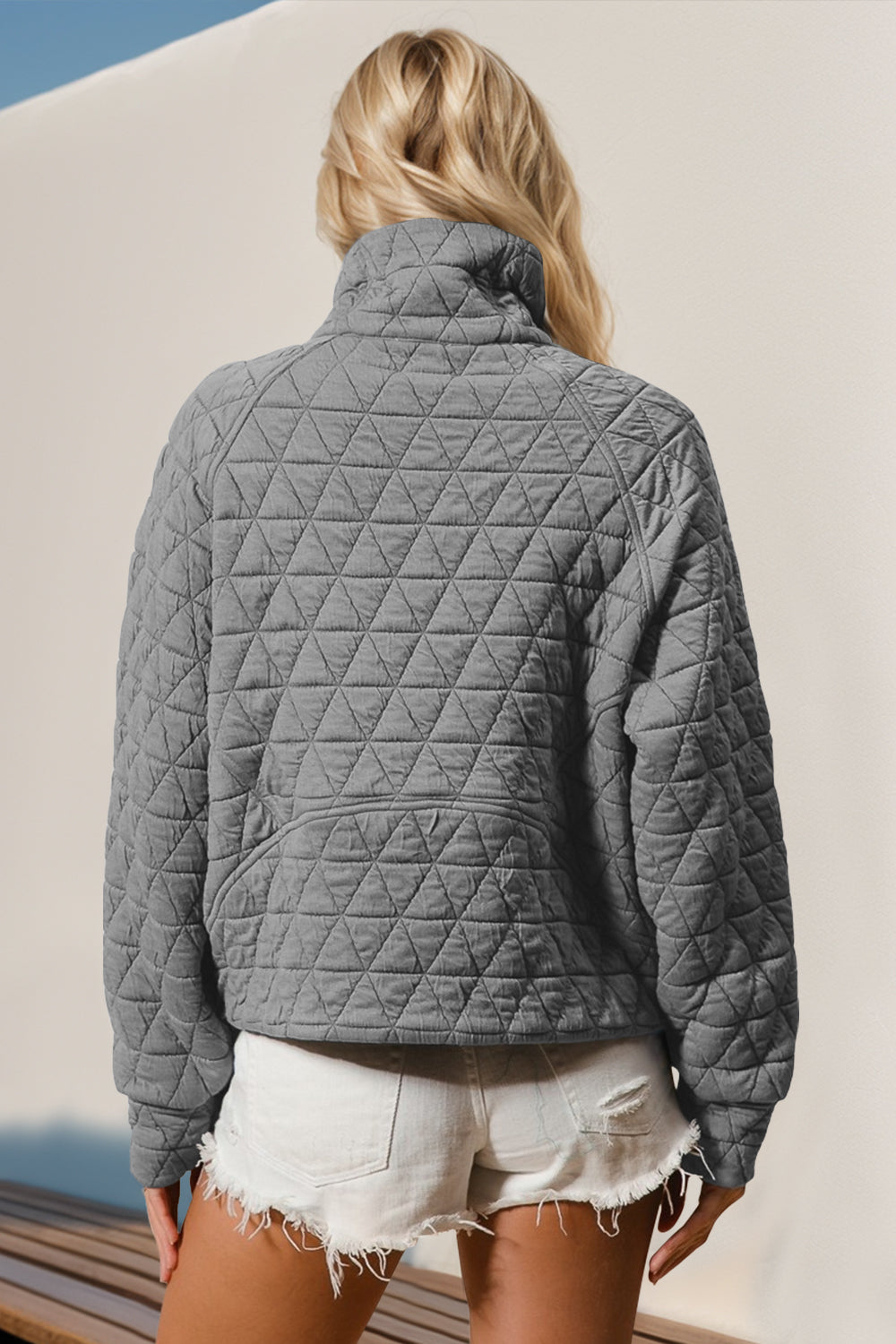 S-2x Half Zip Long Sleeve Quilted Sweatshirt with Pocket