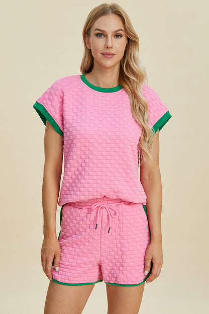 Double Take Full Size Texture Contrast T-Shirt and Shorts Set