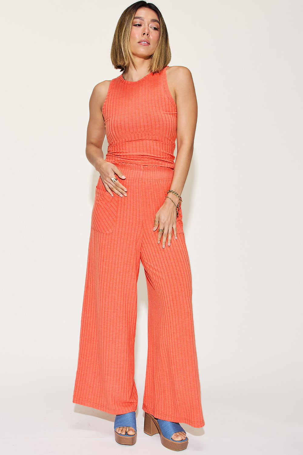 Breezy Ribbed Tank and Wide Leg Pants Set
