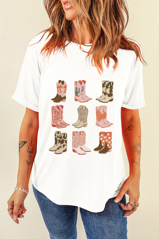 Cowgirl Boot Round Neck Short Sleeve T-Shirt