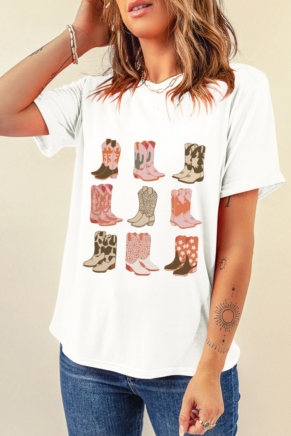 Cowgirl Boot Round Neck Short Sleeve T-Shirt