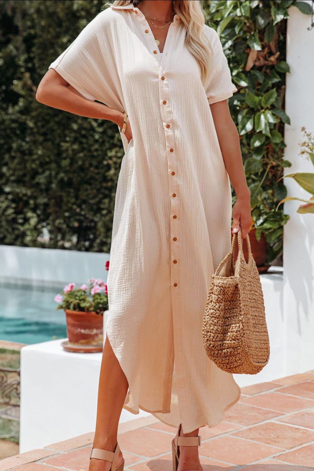 Vacay Button Up Shirt Dress With Slit