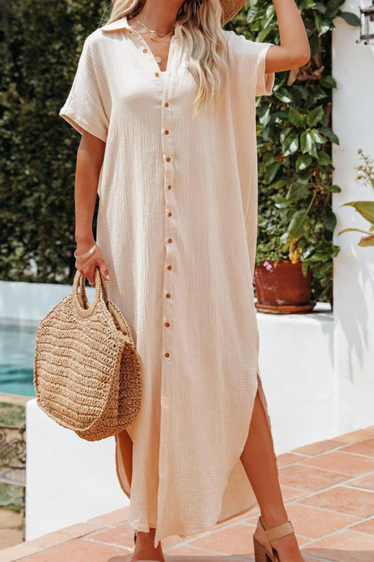 Vacay Button Up Shirt Dress With Slit